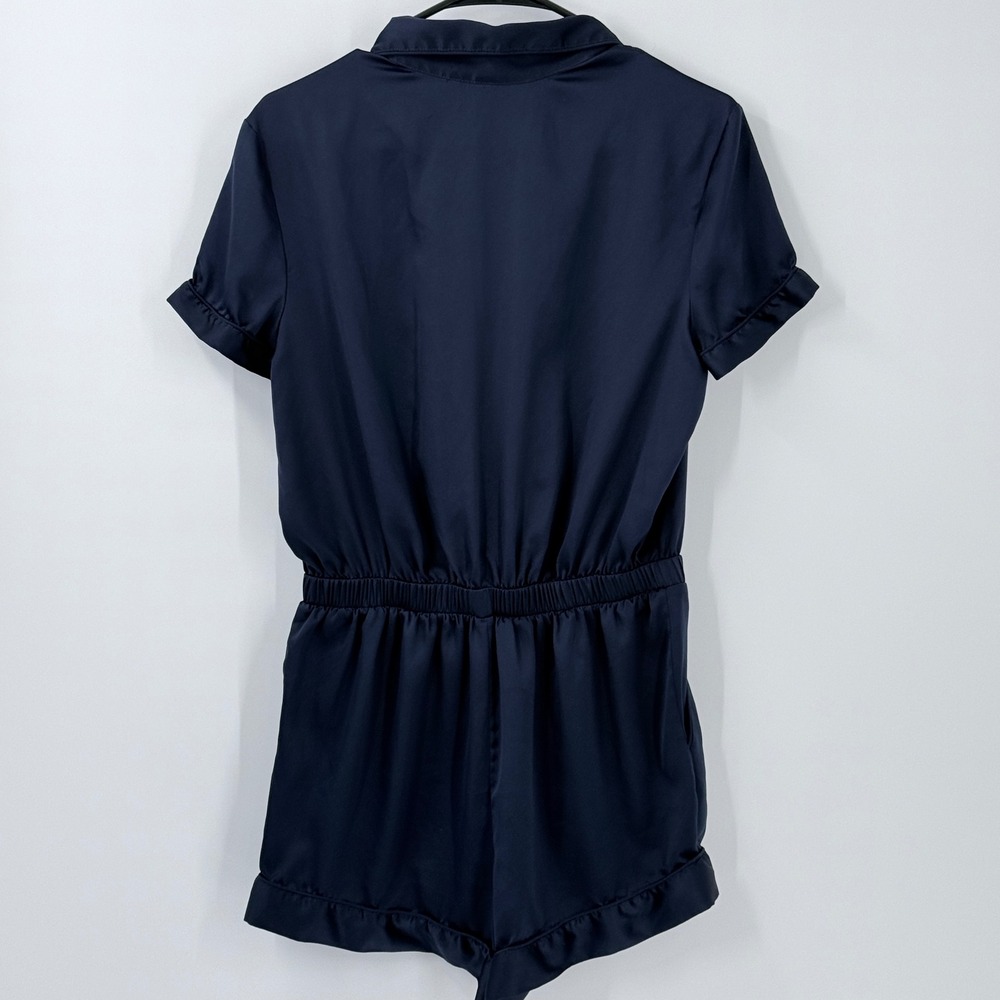 Victoria's Secret Satin pajama Romper Womens Sz M Navy Blue Loungewear vacation - Picture 2 of 10